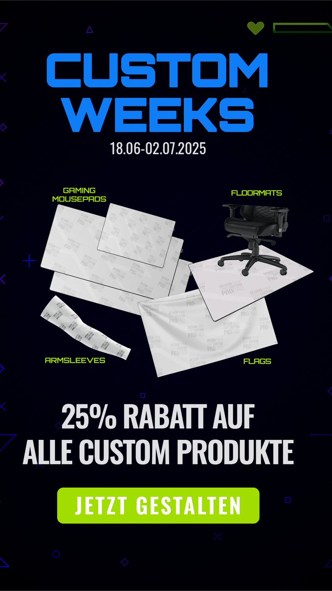 Ihr habt es zuerst gehört! 📢👂
Ab morgen starten wieder die propads CUSTOM WEEKS! 🥳🎉
2 Wochen voller kreativer und einzigartiger Custom Motive! 🎨✨

Also wenn du gerade zufällig ein neues Mauspad gebrauchen kannst, warte bis Morgen, 18 Uhr! ⏰

Wir freuen uns auch eure