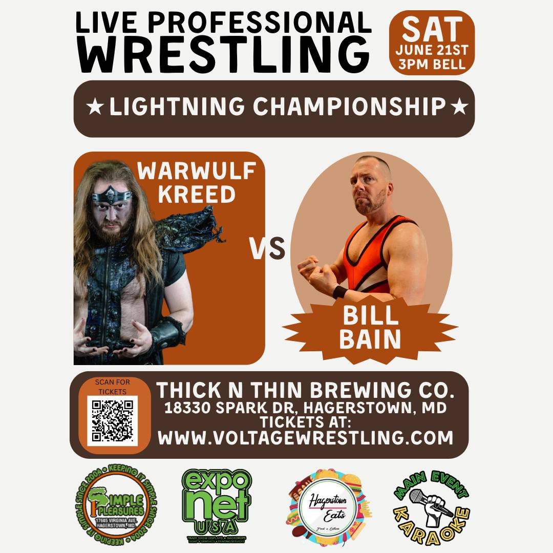DMVWrestlingNws's tweet photo. Saturday - @thisisvoltage  presents Raising the Bar in Hagerstown - matches include @TheRedSyre  (c) vs @RRWWE  for the Grand Championship, @LordWarWulf (c)  vs @The_Bill_Bain for the Lightning Title, and @The_KenDixon  vs @CowpokePaul   https://t.co/YjKy79RqEY https://t.co/WR6ik3Ms7s