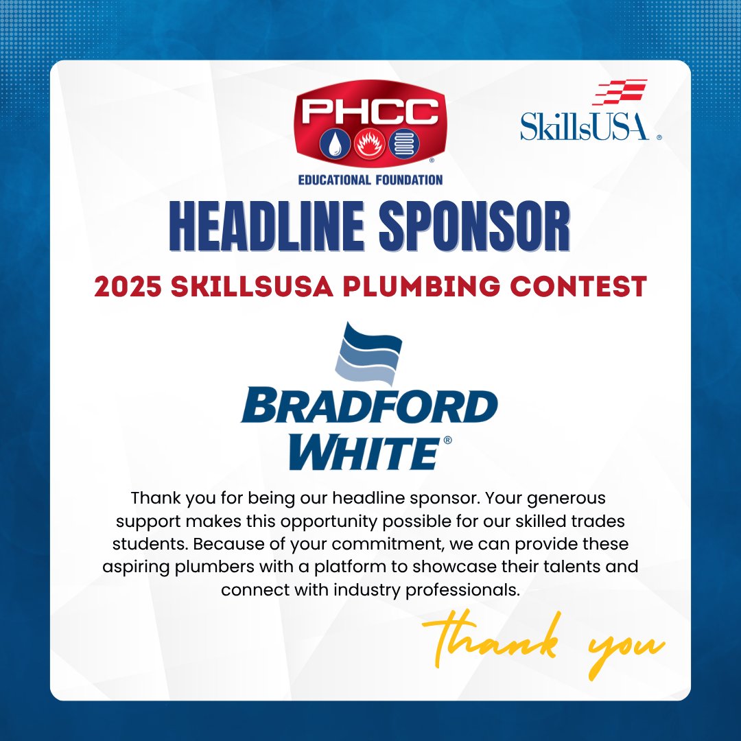 HUGE THANKS to our incredible headline sponsors like Bradford White for making the 2025 SkillsUSA National Plumbing Championship possible!
Thank you for believing in our mission and investing in tomorrow's workforce. 💪

#SkillsUSA #PlumbingChampionship #BradfordWhite