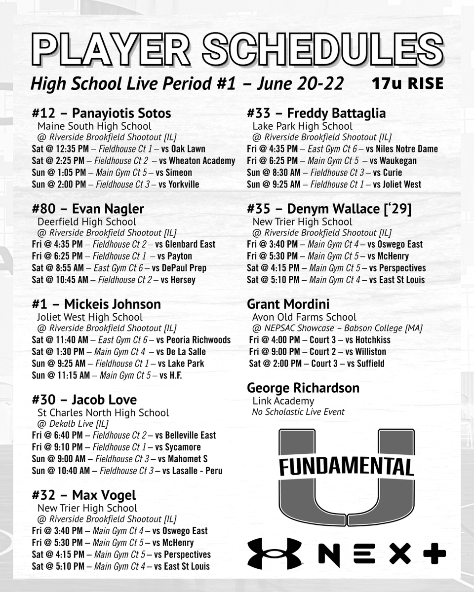 Fundamental U (@fundamentalua) on Twitter photo 🚨 17u Rise – HS Live Period #1 📍
Here’s where college coaches can find our squad this weekend! #FUFamily
<a href="/sean_espinosa3/">Sean Espinosa</a> <a href="/RiseCircuit/">UA Rise Circuit</a>
<a href="/MikeReingruber/">Mike Reingruber</a> <a href="/DeKalb_Live/">DeKalb Live</a> <a href="/NEPrepBB/">NE Prep Mens Basketball</a> 🚨 17u Rise – HS Live Period #1 📍
Here’s where college coaches can find our squad this weekend! #FUFamily
<a href="/sean_espinosa3/">Sean Espinosa</a> <a href="/RiseCircuit/">UA Rise Circuit</a>
<a href="/MikeReingruber/">Mike Reingruber</a> <a href="/DeKalb_Live/">DeKalb Live</a> <a href="/NEPrepBB/">NE Prep Mens Basketball</a>