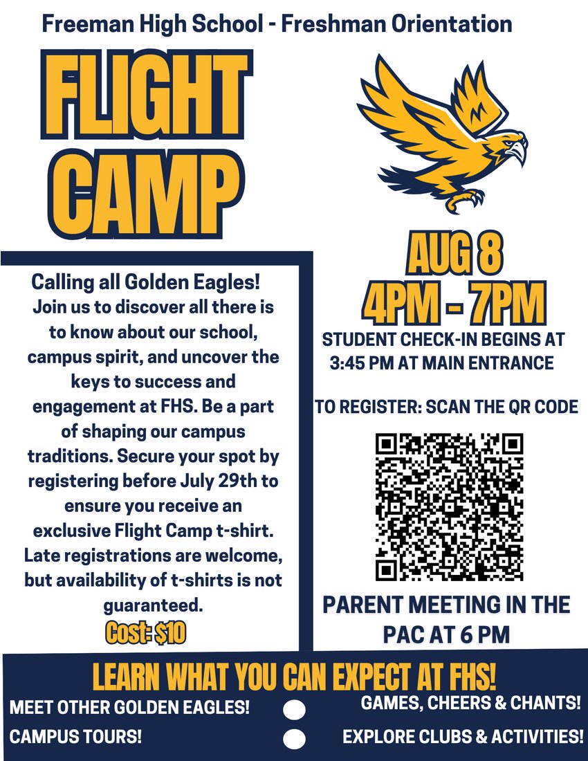 Calling all incoming 9th graders.  It's a great day to sign up for Flight Camp!