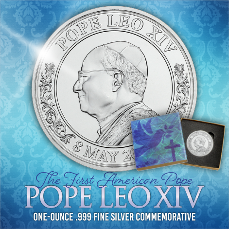 TheCoinVault's tweet image. BRAND NEW Pope Leo XIV 1oz .999 Fine Silver Medallion available at The Coin Vault! Shop this commemorative round honoring the First American Pope today! bit.ly/4kLbqoH #PopeLeoXIV #FirstAmericanPope #SilverMedallion #SilverBullion #Commemorative #TheCoinVault