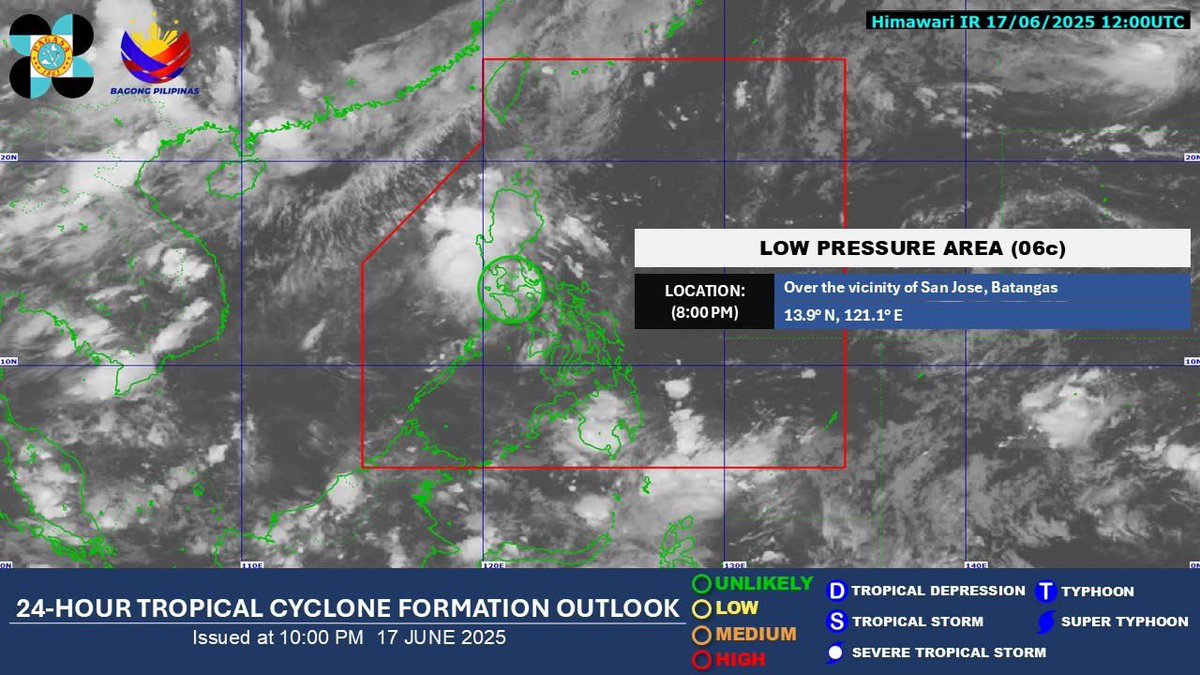 Ariel Rojas (@arielrojasph) on Twitter photo The Low Pressure Area inside the Philippine area of responsibility was in the vicinity of San Jose, Batangas at 8 p.m. Tuesday, according to <a href="/dost_pagasa/">PAGASA-DOST</a>.
It remains unlikely to develop into a storm but will continue to bring rains over parts of Central and Southern Luzon. The Low Pressure Area inside the Philippine area of responsibility was in the vicinity of San Jose, Batangas at 8 p.m. Tuesday, according to <a href="/dost_pagasa/">PAGASA-DOST</a>.
It remains unlikely to develop into a storm but will continue to bring rains over parts of Central and Southern Luzon.