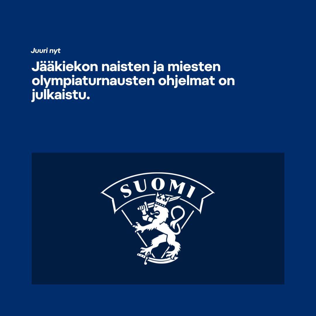 Näin Suomi pelaa olympialaisissa: 

Naisten turnaus 5. –19.2.2026.
- Suomen pelit alkusarjassa:
to 5.2. klo 22.10 FIN–CAN
la 7.2. klo 17.40 USA–FIN
su 8.2. klo 22.10 CZE–FIN
ti 10.2. klo 22.10 FIN–SUI
- Koko ohjelma: iihf.com/en/events/2026…

Miesten turnaus 11. –22.2.2026.
-