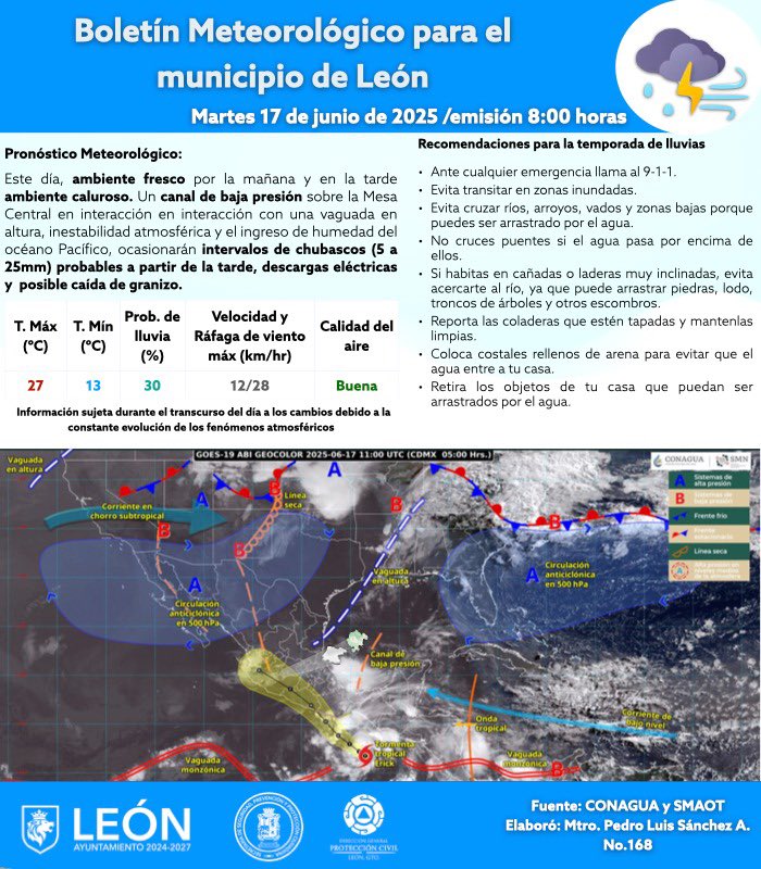 🌤️ Pronóstico del clima en León – 17 de junio del 2025
🔹 Temperatura: Entre 13°C y 27°C
🔹 Lluvias: 30%

📌 Recomendaciones de la SSPPCL:
🌞 Protégete del sol.
☔ Ante la lluvia: lleva impermeable o paraguas.

🩵 Canal de WhatsApp de la SSPPCL:
whatsapp.com/channel/0029Va…