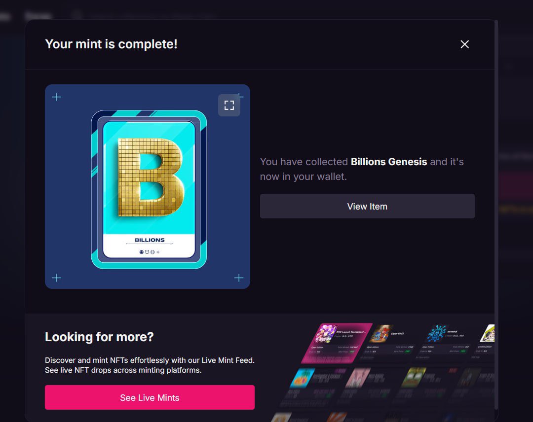I just minted my <a href="/billions_ntwk/">Billions</a> Genesis NFT! 

If you're whitelisted on <a href="/billions_ntwk/">Billions</a>, ensure you have at least 5 $POL for gas fees (~$0.95). 

See you there! 

New to Billions? Join here: tinyurl.com/Billonsdrop

Mint now: magiceden.io/launchpad/poly…