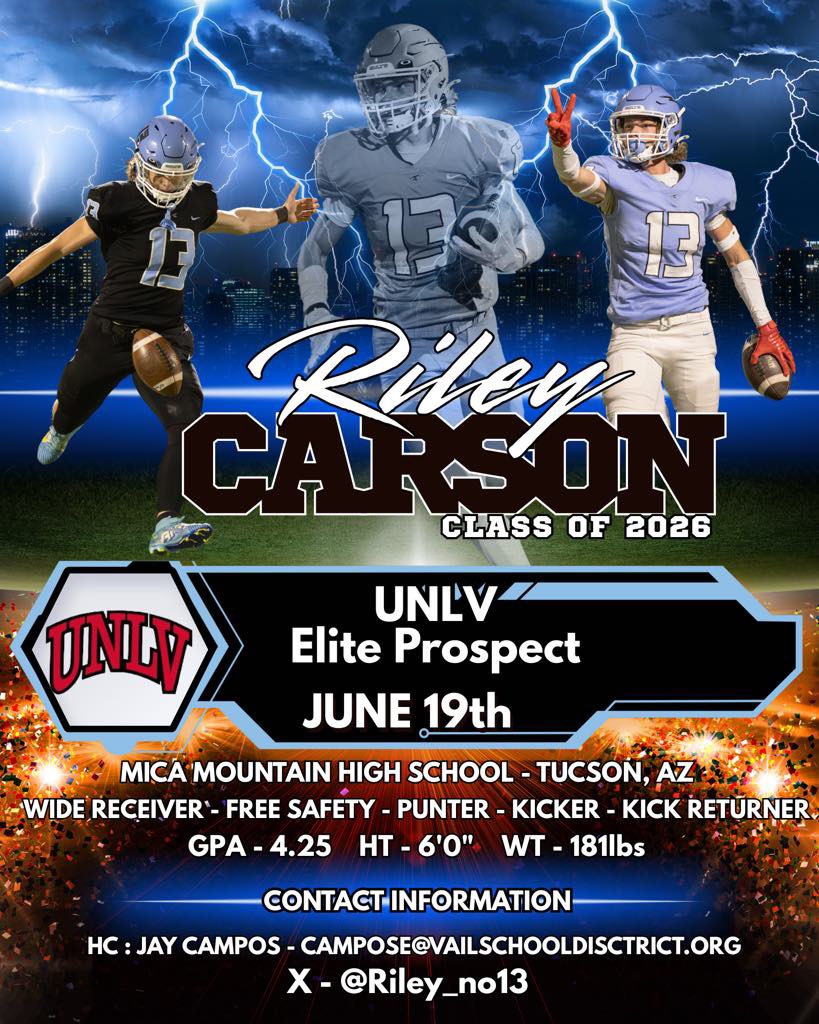 Riley Carson (@riley_no13) on Twitter photo 🎰🎰🎰48hrs from now we are back on the road. Thank you <a href="/Qoach_Deuce/">Denzel Nickerson</a> for the invite to compete for a Jackpot. #26Prospect #NCAAFootballRecruit #CommitReady #ATH4Life <a href="/NFFsoArizona/">NFF Southern Arizona Chapter</a> <a href="/SOAZFootball/">Southern Arizona Football</a> <a href="/gridironarizona/">Gridiron Arizona</a> <a href="/JUSTCHILLY/">Just Chilly</a> <a href="/CodyTCameron/">Cody Cameron</a> <a href="/therealbeadle/">Adam Beadle</a> <a href="/unlvfootball/">UNLV Football</a> 🎰🎰🎰48hrs from now we are back on the road. Thank you <a href="/Qoach_Deuce/">Denzel Nickerson</a> for the invite to compete for a Jackpot. #26Prospect #NCAAFootballRecruit #CommitReady #ATH4Life <a href="/NFFsoArizona/">NFF Southern Arizona Chapter</a> <a href="/SOAZFootball/">Southern Arizona Football</a> <a href="/gridironarizona/">Gridiron Arizona</a> <a href="/JUSTCHILLY/">Just Chilly</a> <a href="/CodyTCameron/">Cody Cameron</a> <a href="/therealbeadle/">Adam Beadle</a> <a href="/unlvfootball/">UNLV Football</a>