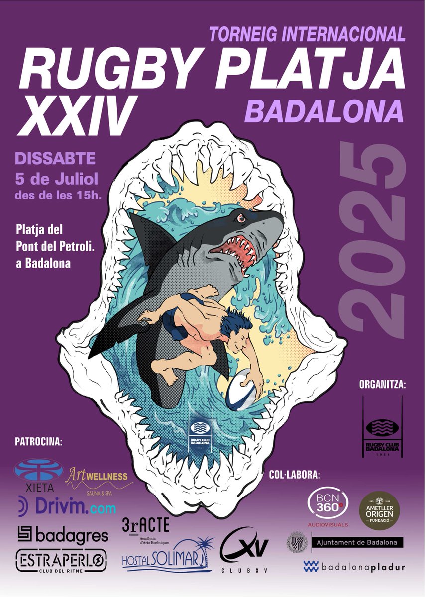 Rugby Club Badalona (@rugbybadalona) on Twitter photo Ja tenim a tocar el XXlV Torneig Rugby Platja de Badalona.
A la platja del Pont del Petroli
Sènior Femení i Masculí, i Torneig de Veterans i Vetemares.
Les places són limitades, contacteu a Pep Oncins: 690200659 o mail rugbyplatja@rugbybadalona.com
Límit d’inscripció 25 de juny Ja tenim a tocar el XXlV Torneig Rugby Platja de Badalona.
A la platja del Pont del Petroli
Sènior Femení i Masculí, i Torneig de Veterans i Vetemares.
Les places són limitades, contacteu a Pep Oncins: 690200659 o mail rugbyplatja@rugbybadalona.com
Límit d’inscripció 25 de juny