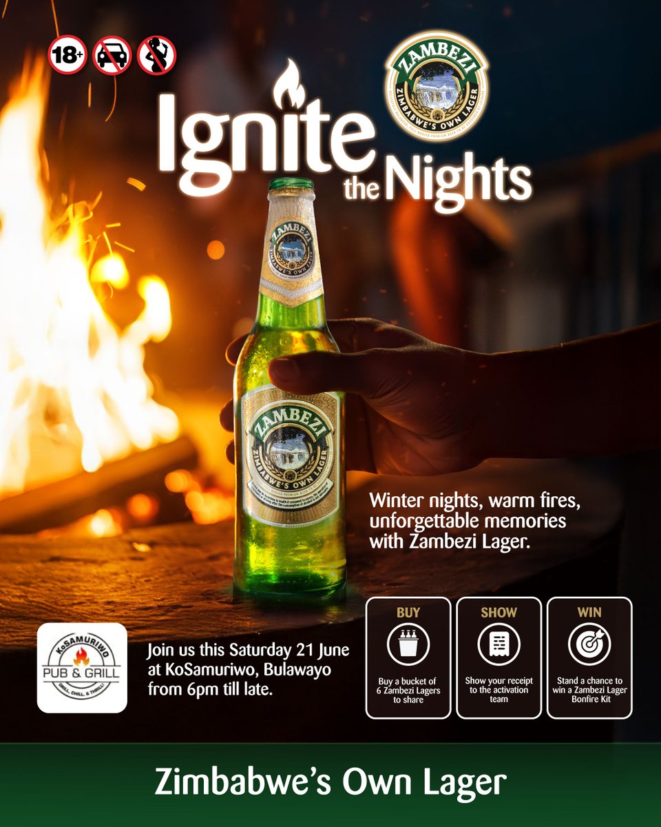 This Saturday, 21 June, we are at KoSamuriwo, Bulawayo! Catch up from 6 PM with the ultimate Zambezi Lager vibes. Grab 6 ice-cold Zambezis and you could WIN a Bonfire Kit! Let's make it a night to remember. #IgniteTheNight #ZambeziLager
