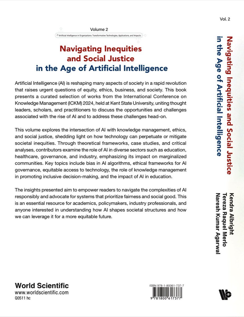 Naresh Agarwal (@nareshag) on Twitter photo Here’s the cover of a new edited book on #AI and #socialjustice
It is based on selected papers from the 2024 International Conference on #KnowledgeManagement.
worldscientific.com/worldscibooks/…
- with Kendra Albright and Raquel Merlo
<a href="/SimmonsSLIS/">SimmonsSLIS</a> <a href="/SimmonsUniv/">Simmons University</a> <a href="/KentState/">Kent State</a> <a href="/worldscientific/">World Scientific</a> Here’s the cover of a new edited book on #AI and #socialjustice
It is based on selected papers from the 2024 International Conference on #KnowledgeManagement.
worldscientific.com/worldscibooks/…
- with Kendra Albright and Raquel Merlo
<a href="/SimmonsSLIS/">SimmonsSLIS</a> <a href="/SimmonsUniv/">Simmons University</a> <a href="/KentState/">Kent State</a> <a href="/worldscientific/">World Scientific</a>