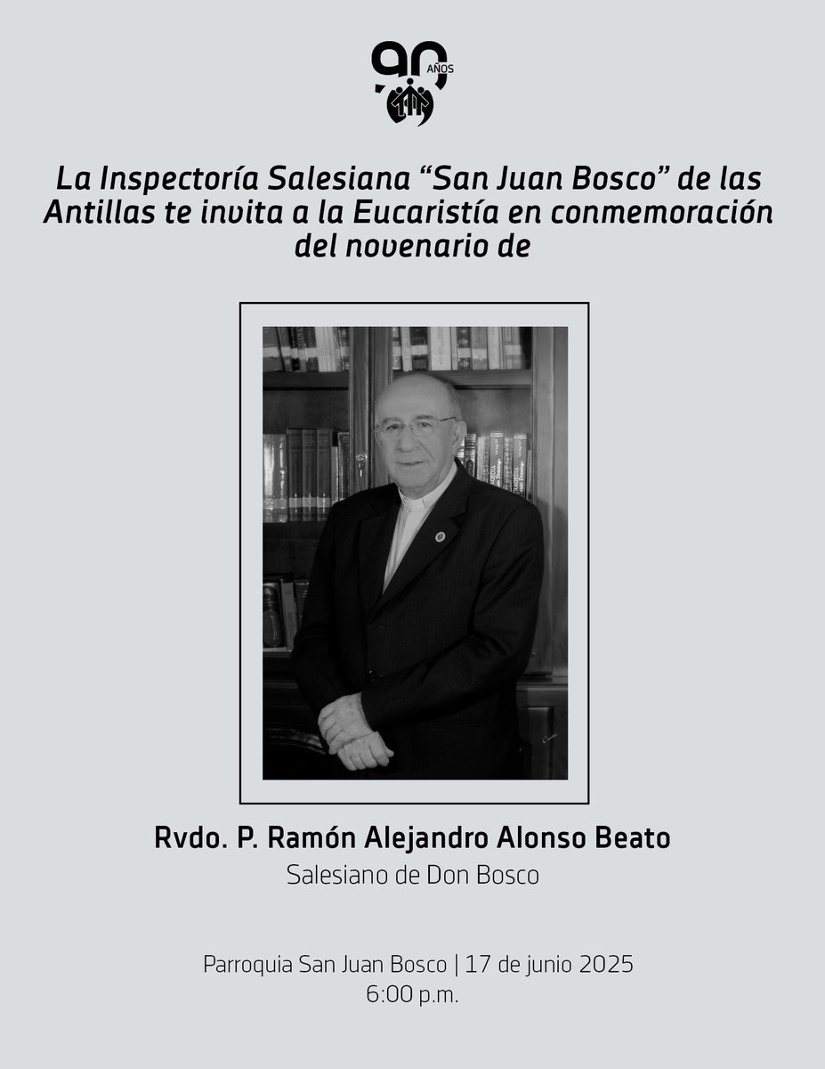 Hoy, martes 17 de junio, a las 6:00 p.m., celebraremos juntos la Santa Misa en la parroquia San Juan Bosco, dando gracias a Dios por la vida y misión del padre Alonso.

📍 Parroquia San Juan Bosco
🕕 6:00 p.m.

¡Te esperamos con fe y corazón salesiano!