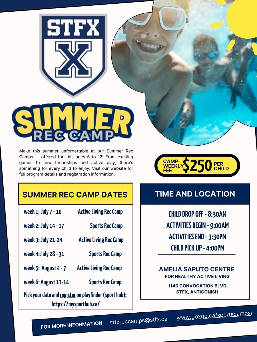 Registration remains open for STFX Rec Camps this summer! Visit goxgo.ca/sportscamps for more info or to register online today!