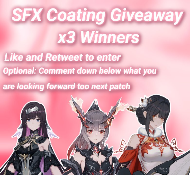 Dream Till The Timeless End Giveaway 

I'm giving away SFX coatings in the next patch! 3 winners!! 

To Enter: Like and Retweet this post
Optional (doesn't do anything else but would be nice): Comment down below what you are looking forward to next patch 

Ends: July 8th