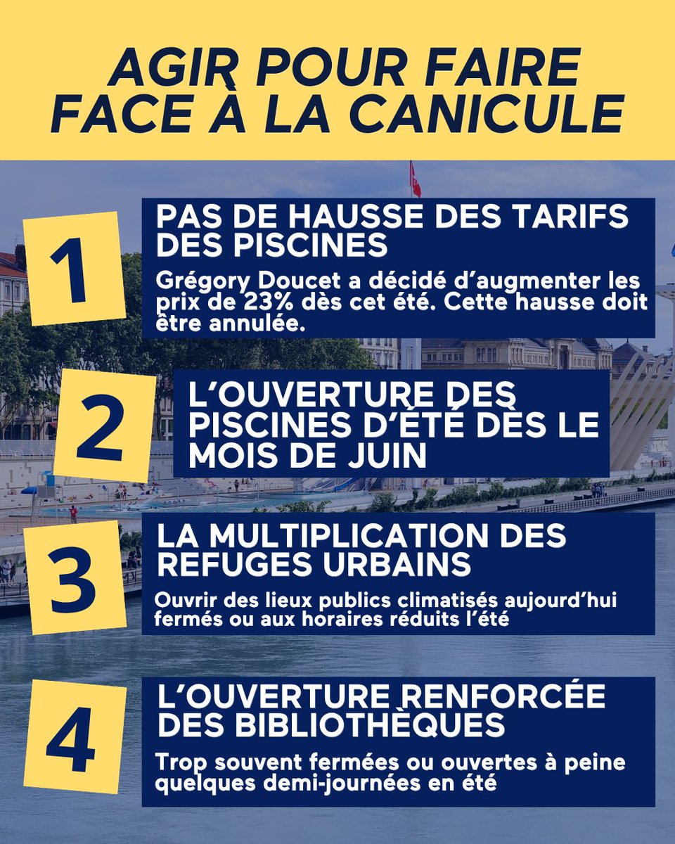 🔴De très fortes chaleurs sont annoncées pour la fin de la semaine à Lyon. Aujourd'hui, la ville n'est pas suffisamment prête.

Pour ceux qui restent, Lyon ne doit pas être un désert administratif, culturel et social.

Nos propositions pour aider les habitants à faire face ⤵️