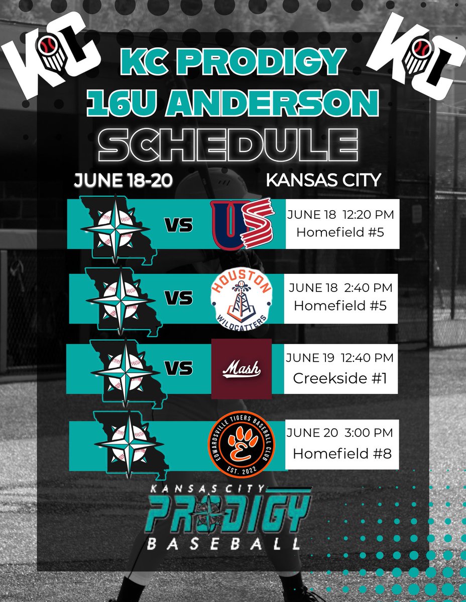 KC Prodigy Baseball (@prodigybasebal) on Twitter photo ⚾️ <a href="/ProdigyBB2027/">KC Prodigy 2027</a> Pitching Rotation For this Weekends <a href="/PrepBaseballKC/">Prep Baseball Kansas City</a> Super 16 (Member)⚾️
Game 1: RHP <a href="/BrodyMulch/">Brody Mulch</a>
Game 2: RHP @nading_hunter99
Game 3: RHP <a href="/pre_charlie789/">Charlie Prenger</a>
Game 4: RHP <a href="/WildeBraden/">Braden Wilde</a>
#TealNation <a href="/BUncommitted/">Baseball_Uncommitted</a>
<a href="/jucoroute/">#JucoRoute</a> <a href="/PrepBaseballMO/">Prep Baseball Missouri</a> <a href="/PB_Uncommitted/">Prep Baseball Uncommitted</a> ⚾️ <a href="/ProdigyBB2027/">KC Prodigy 2027</a> Pitching Rotation For this Weekends <a href="/PrepBaseballKC/">Prep Baseball Kansas City</a> Super 16 (Member)⚾️
Game 1: RHP <a href="/BrodyMulch/">Brody Mulch</a>
Game 2: RHP @nading_hunter99
Game 3: RHP <a href="/pre_charlie789/">Charlie Prenger</a>
Game 4: RHP <a href="/WildeBraden/">Braden Wilde</a>
#TealNation <a href="/BUncommitted/">Baseball_Uncommitted</a>
<a href="/jucoroute/">#JucoRoute</a> <a href="/PrepBaseballMO/">Prep Baseball Missouri</a> <a href="/PB_Uncommitted/">Prep Baseball Uncommitted</a>