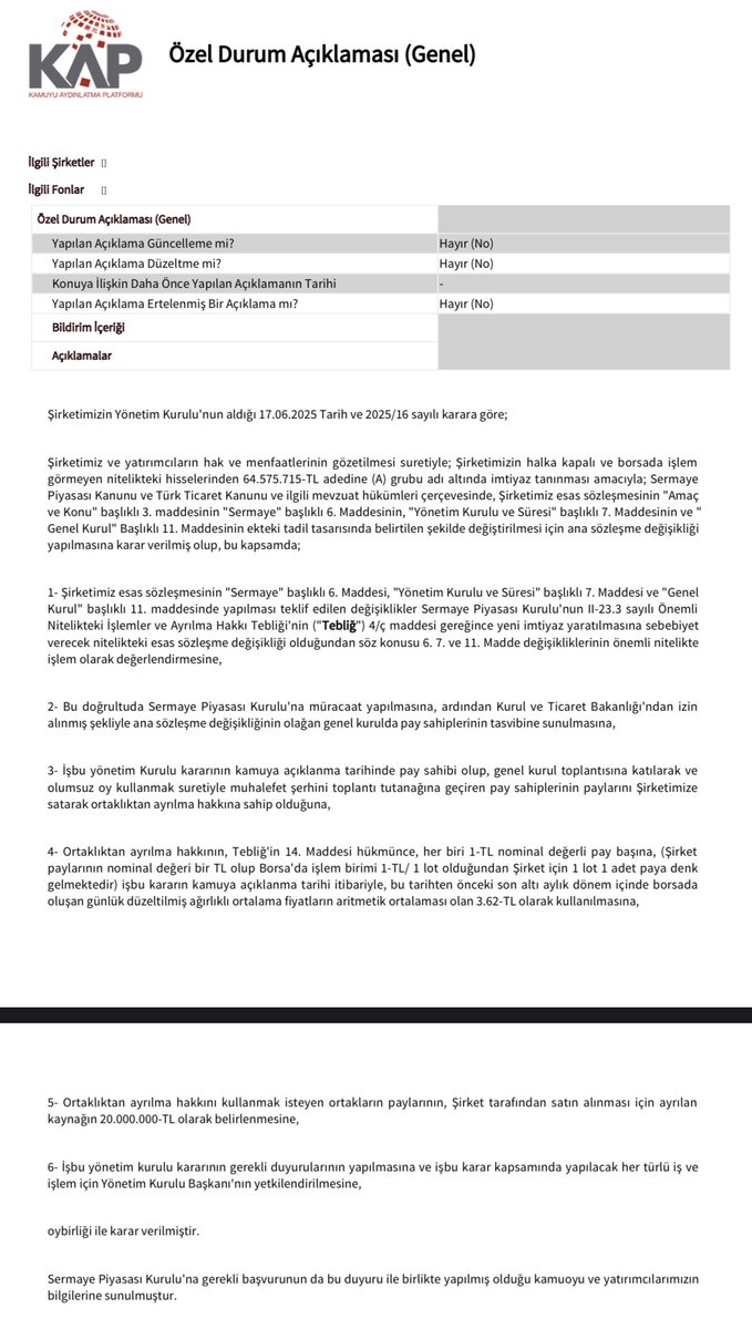 Yatırımcısına hayırlı olsun. Genel kurul yaklaşırken, Mustafa Bey’in nisabı sağlayacak kadar hissesi dahi yokken imtiyazlı pay çıkarma kararını hangi gerekçeyle aldığı gerçekten merak konusu. Genel kurulda oy çokluğunu nasıl sağlamayı planlıyorsunuz?
#FORMT