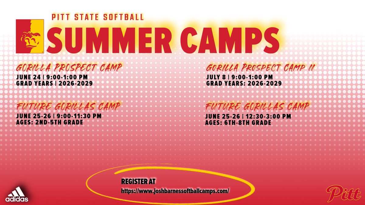 ‼️Gorilla Prospect Camp II‼️

🏟️ Due to high demand, we are adding another Gorilla Prospect Camp✨

Calling all future 🦍🦍 to come camping with Pitt State Softball 🥎 

Register at joshbarnessoftballcamps.com