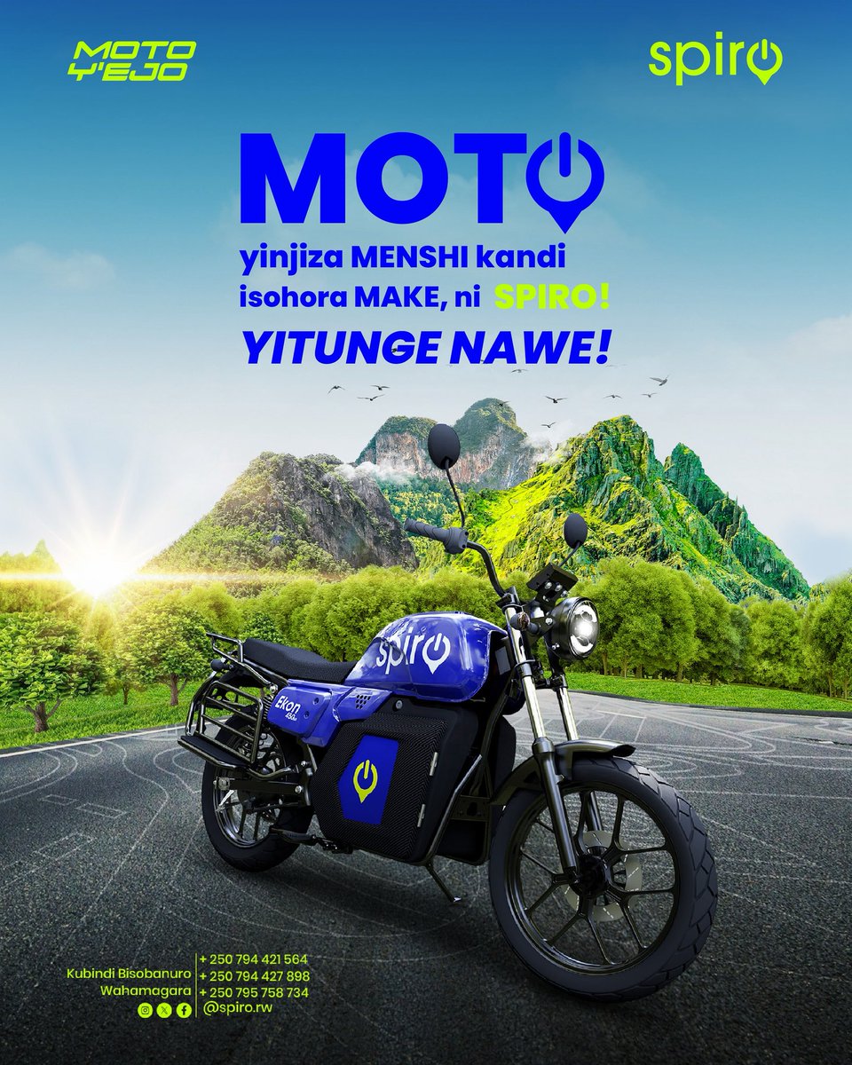 Injiza menshi kandi usohora make na Spiro. 

Moto igezweho, yihuta kandi idahumanya ikirere🤗

Nawe tunga spiro uyu munsi‼️

#motoyejo #motoyumujyi #motoyumuriro #spiro