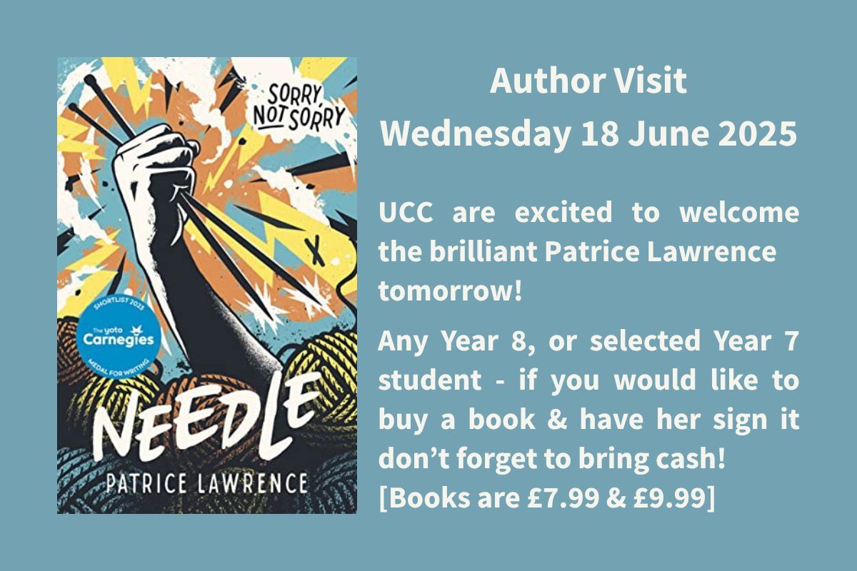 UCC are very excited to welcome the brilliant author, Patrice Lawrence, tomorrow.
Patrice will be talking to all Year 8 students, and a select group of Year 7 students.
If you would like to buy a book, don't forget to bring cash.

📚 Books are £7.99 and £9.99

#proudtobeucc
