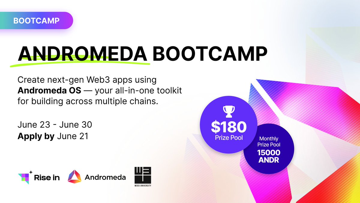 Join the <a href="/AndromedaProt/">Andromeda</a> Bootcamp!

Learn how to build on the Andromeda ecosystem and create your own ADOs and dApps no advanced experience needed!

💰 Win prizes from a $180 pool + 15,000 $ANDR monthly rewards
🛠️ Build real web3 projects
👨‍🏫 Learn directly from Andromeda experts