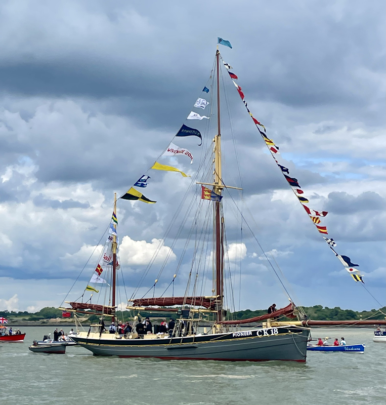 PIONEER the only remaining Skillinger Smack, the flagship of #Brightlingsea's Blessing of the Waters flotilla, Beating the Bounds of Brightlingsea Creek seen on Sunday 15th June blessingofthewaters.co.uk Amazing historic custom, glorious day!
