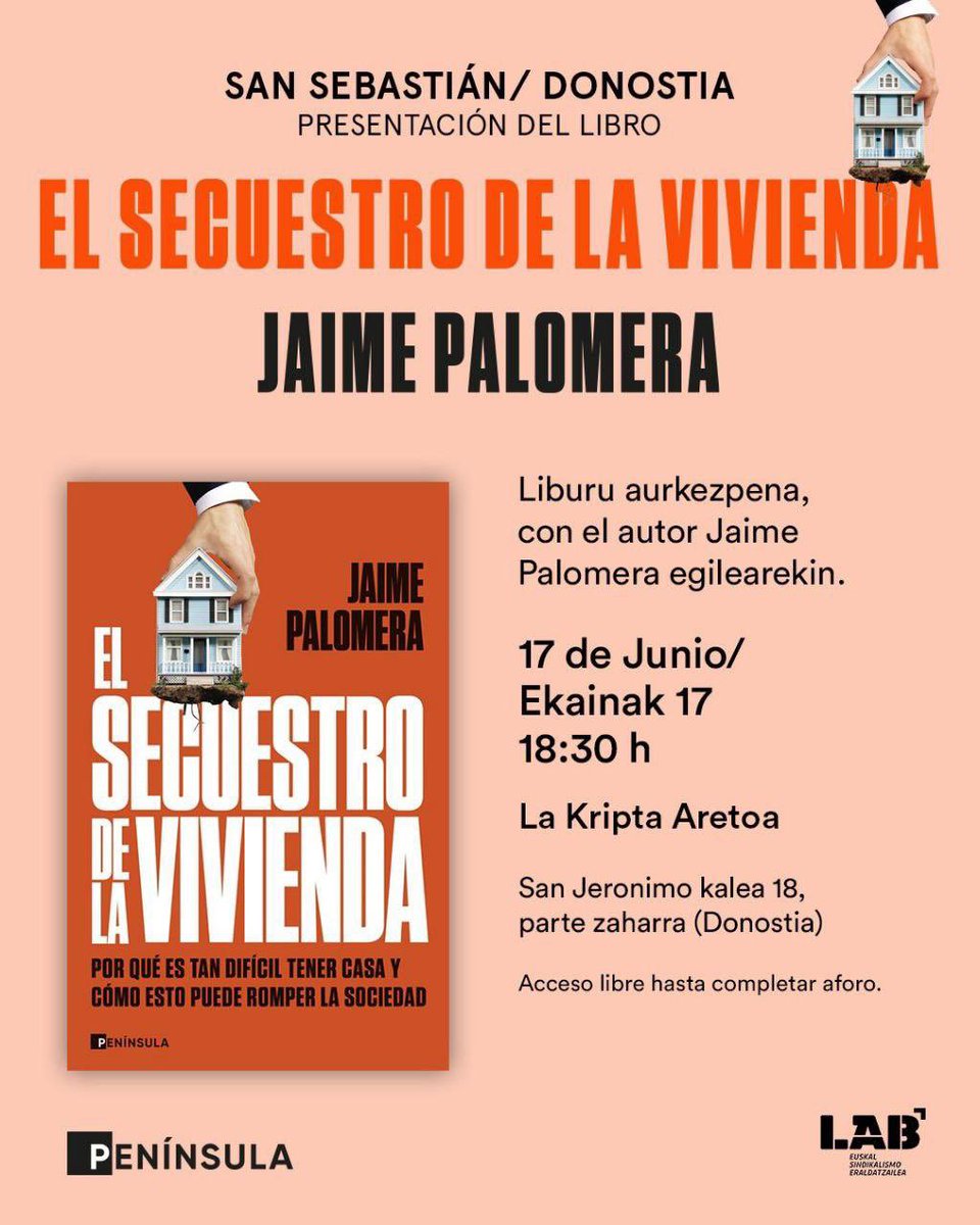 Etxebizitzaren arazoa ulertzen laguntzeko <a href="/JaimePalomera/">Jaime Palomera</a> idatzi duen liburuaren aurkezpena gaur Donostian. 👇🏾