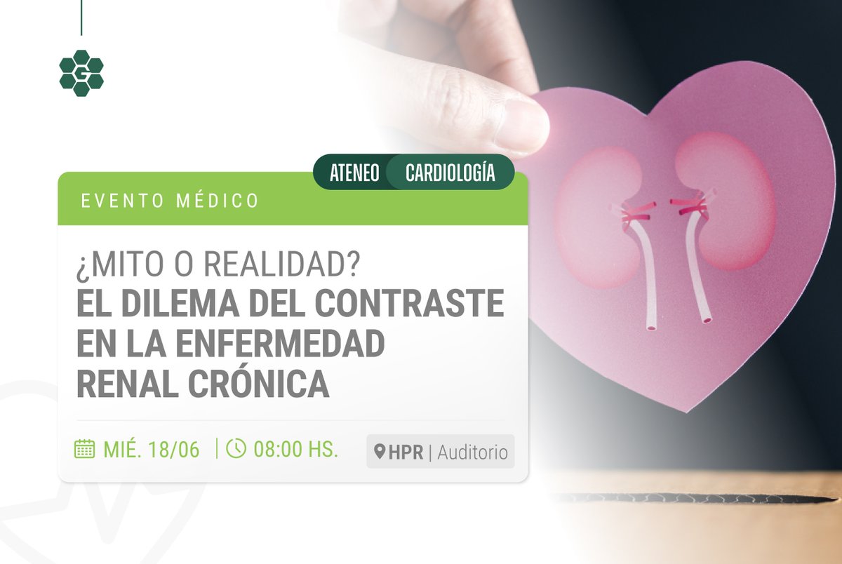 ¡Nuevo #AteneodeCardiología en HPR! 
👉 En esta ocasión el tema será: "¿Mito o realidad? El dilema del contraste en la enfermedad renal crónica".

🗓 Miércoles 18 de junio
🕗 08:00 h
 📍 Presencial en HPR y también por Zoom

👉Registrate acá bit.ly/3TtQDtu