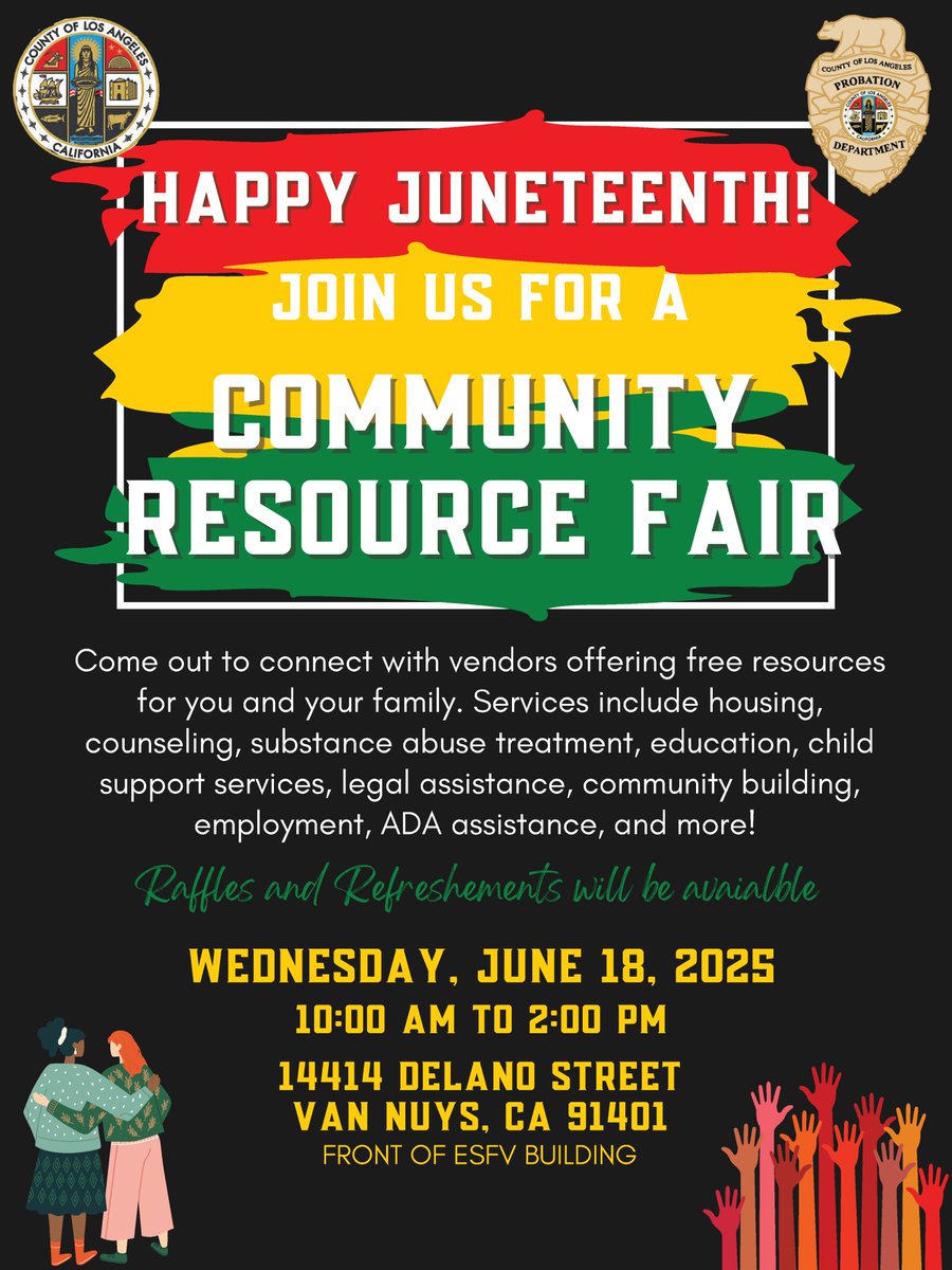 LA County Child Support Services (@cssdla) on Twitter photo Tomorrow, connect with a @cssdla child support specialist & obtain other valuable resources! Meet us at <a href="/LACProbation/">Los Angeles County Probation Department</a>'s resource fair in #VanNuys on Wednesday, June 18 from 10 AM-2 PM. This is a #free event for the community. Raffles & refreshments will be available. #Juneteenth Tomorrow, connect with a @cssdla child support specialist & obtain other valuable resources! Meet us at <a href="/LACProbation/">Los Angeles County Probation Department</a>'s resource fair in #VanNuys on Wednesday, June 18 from 10 AM-2 PM. This is a #free event for the community. Raffles & refreshments will be available. #Juneteenth