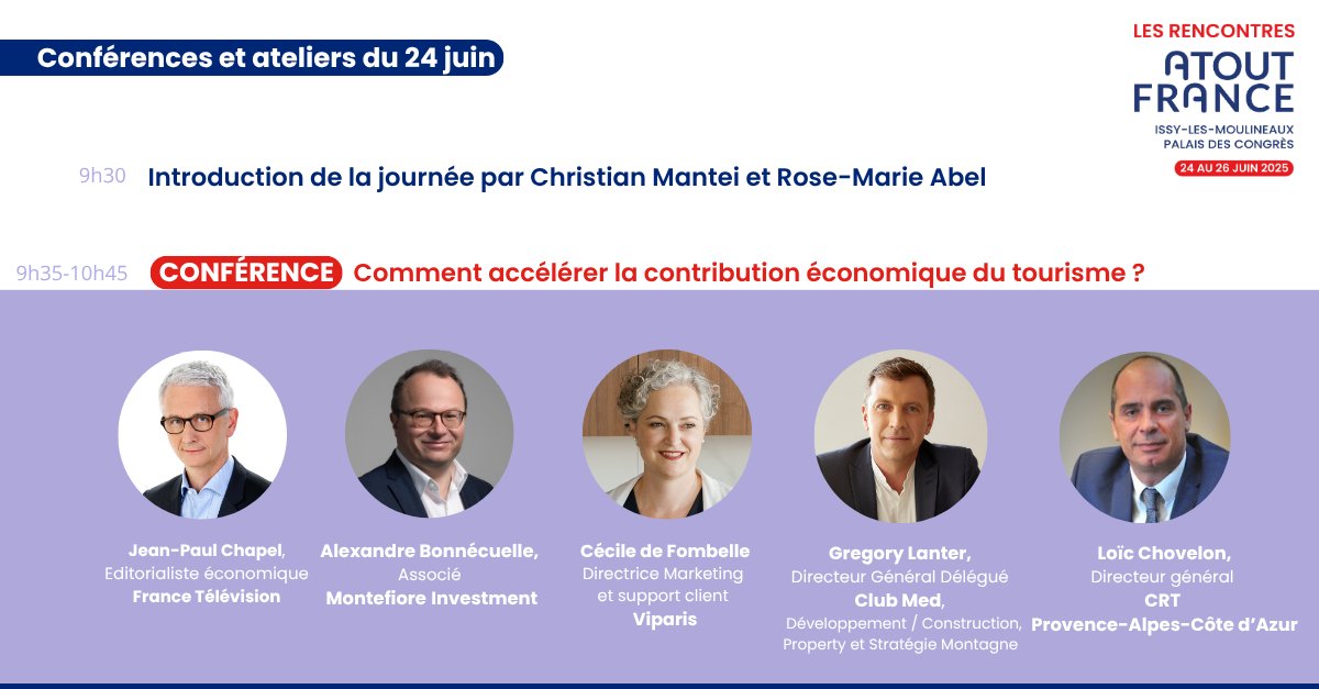 📅 Le 24 juin, Atout France vous donne rendez-vous pour une table ronde sur la contribution économique du tourisme : comment créer plus de valeur, concrètement ? Un temps fort des Rencontres d'Atout France à ne pas manquer !
🔗 atout-france.fr/fr/catalogue/r…