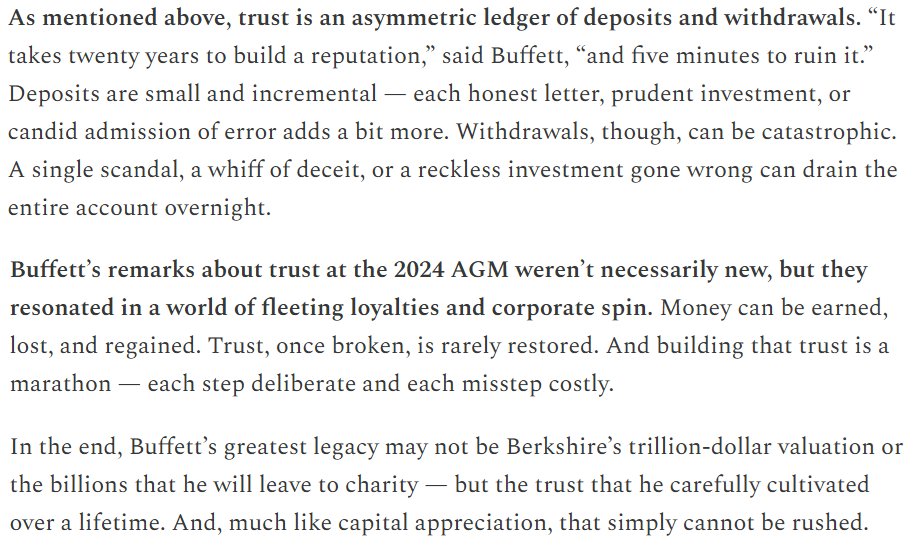 Channa Amaratunga (@channa_amare) on Twitter photo Excellent post by <a href="/kejca/">Kevin Carpenter</a> on the slow, yet deliberate process of building trust
You need to play the long game to build trust ... it cannot be rushed
Buffett's unrivalled trust with shareholders is built on three C's ➡️ Candor, consistency and competency Excellent post by <a href="/kejca/">Kevin Carpenter</a> on the slow, yet deliberate process of building trust
You need to play the long game to build trust ... it cannot be rushed
Buffett's unrivalled trust with shareholders is built on three C's ➡️ Candor, consistency and competency