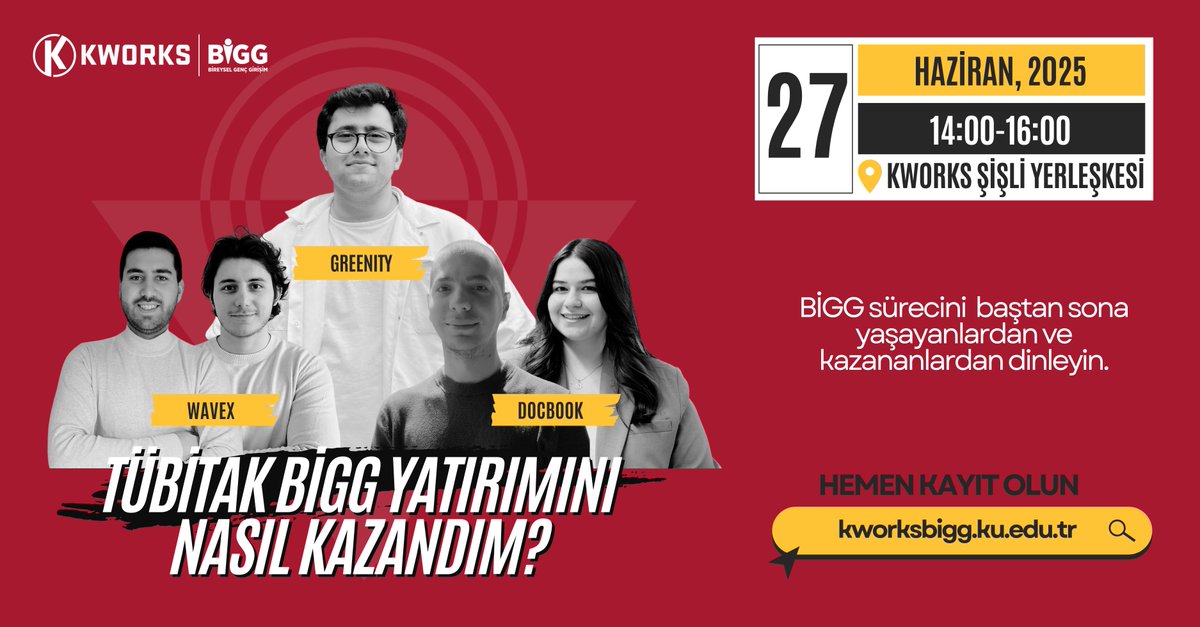 27 Haziran'da KWORKS'te TÜBİTAK BİGG yatırımı kazanan girişimcilerle buluşuyoruz!

Greenity'den Ali Osman, waveX'den Cem Berk ve Furkan, Docbook'dan Tuğkan ve Esra'ın başarı hikayelerini dinleyip, deneyimlerinden ilham almak için bu etkinliği kaçırmayın. 🚀