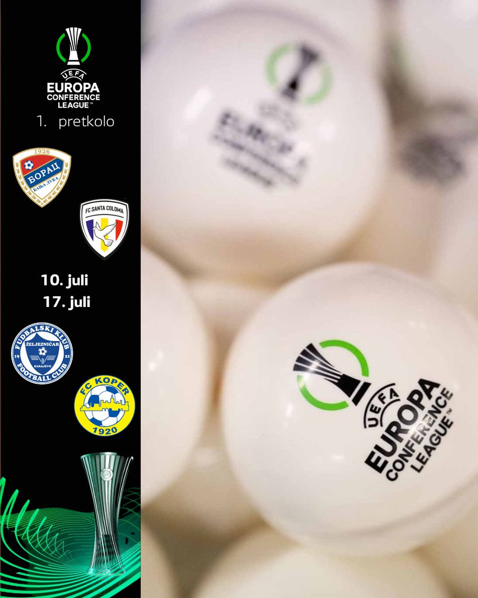 📍 Žrijeb 1. pretkola UEFA Konferencijske lige održan danas u Nyonu

🔹 Željezničar će se sastati sa NK Koper (Slovenija)
🔹 Borac će igrati protiv UE Santa Coloma (Andora)

🏟 Obje ekipe prve utakmice igraju na domaćem terenu.
📆 Termini: 10. i 17. juli 2025.