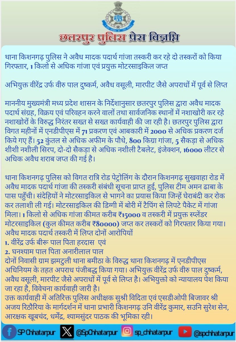 SP Chhatarpur (@spchhatarpur) on Twitter photo рдерд╛рдирд╛ рдХрд┐рд╢рдирдЧрдврд╝ рдкреБрд▓рд┐рд╕ рдиреЗ рдЕрд╡реИрдз рдорд╛рджрдХ рдкрджрд╛рд░реНрде рдЧрд╛рдВрдЬрд╛ рддрд╕реНрдХрд░реА рдХрд░ рд░рд╣реЗ рджреЛ рддрд╕реНрдХрд░реЛрдВ рдХреЛ рдХрд┐рдпрд╛ рдЧрд┐рд░рдлреНрддрд╛рд░, 1 рдХрд┐рд▓реЛ рд╕реЗ рдЕрдзрд┐рдХ рдЧрд╛рдВрдЬрд╛, рдкреНрд░рдпреБрдХреНрдд рдореЛрдЯрд░рд╕рд╛рдЗрдХрд┐рд▓ рдЬрдкреНрдд
рдЕрднрд┐рдпреБрдХреНрдд рд╡реАрд░реБ рдкрд╛рд▓ рджреБрд╖реНрдХрд░реНрдо, рдЕрд╡реИрдз рд╡рд╕реВрд▓реА рдЬреИрд╕реЗ рдЕрдкрд░рд╛рдз рдореЗ рдкреВрд░реНрд╡ рд╕реЗ рд▓рд┐рдкреНрдд
<a href="/mohdept/">Home Department, MP</a> <a href="/DGP_MP/">DGP MP</a>
<a href="/MPPoliceDeptt/">Madhya Pradesh Police</a> <a href="/igpsagarzone/">IG Sagar Zone</a> <a href="/DIGCHHATARPUR/">DIG CHHATARPUR RANGE</a>
<a href="/Agam___Jain/">Agam Jain</a> рдерд╛рдирд╛ рдХрд┐рд╢рдирдЧрдврд╝ рдкреБрд▓рд┐рд╕ рдиреЗ рдЕрд╡реИрдз рдорд╛рджрдХ рдкрджрд╛рд░реНрде рдЧрд╛рдВрдЬрд╛ рддрд╕реНрдХрд░реА рдХрд░ рд░рд╣реЗ рджреЛ рддрд╕реНрдХрд░реЛрдВ рдХреЛ рдХрд┐рдпрд╛ рдЧрд┐рд░рдлреНрддрд╛рд░, 1 рдХрд┐рд▓реЛ рд╕реЗ рдЕрдзрд┐рдХ рдЧрд╛рдВрдЬрд╛, рдкреНрд░рдпреБрдХреНрдд рдореЛрдЯрд░рд╕рд╛рдЗрдХрд┐рд▓ рдЬрдкреНрдд
рдЕрднрд┐рдпреБрдХреНрдд рд╡реАрд░реБ рдкрд╛рд▓ рджреБрд╖реНрдХрд░реНрдо, рдЕрд╡реИрдз рд╡рд╕реВрд▓реА рдЬреИрд╕реЗ рдЕрдкрд░рд╛рдз рдореЗ рдкреВрд░реНрд╡ рд╕реЗ рд▓рд┐рдкреНрдд
<a href="/mohdept/">Home Department, MP</a> <a href="/DGP_MP/">DGP MP</a>
<a href="/MPPoliceDeptt/">Madhya Pradesh Police</a> <a href="/igpsagarzone/">IG Sagar Zone</a> <a href="/DIGCHHATARPUR/">DIG CHHATARPUR RANGE</a>
<a href="/Agam___Jain/">Agam Jain</a>