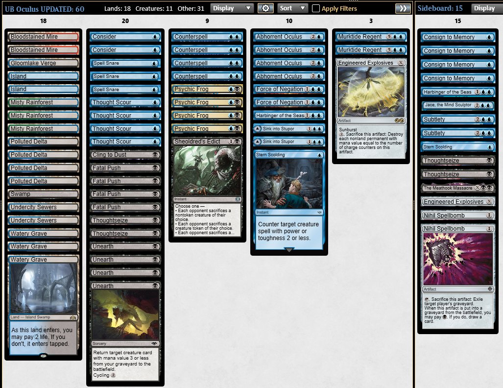 Since a lot of people asked me about an update on Oculus, here's my most recent list (that the amazing <a href="/BaronOfBaconMTG/">@SeanHunter</a> used to win FF SuperQ). 

I will update the FULL GUIDE on Metafy soon, adding some thoughts on FF cards once I get to try them!