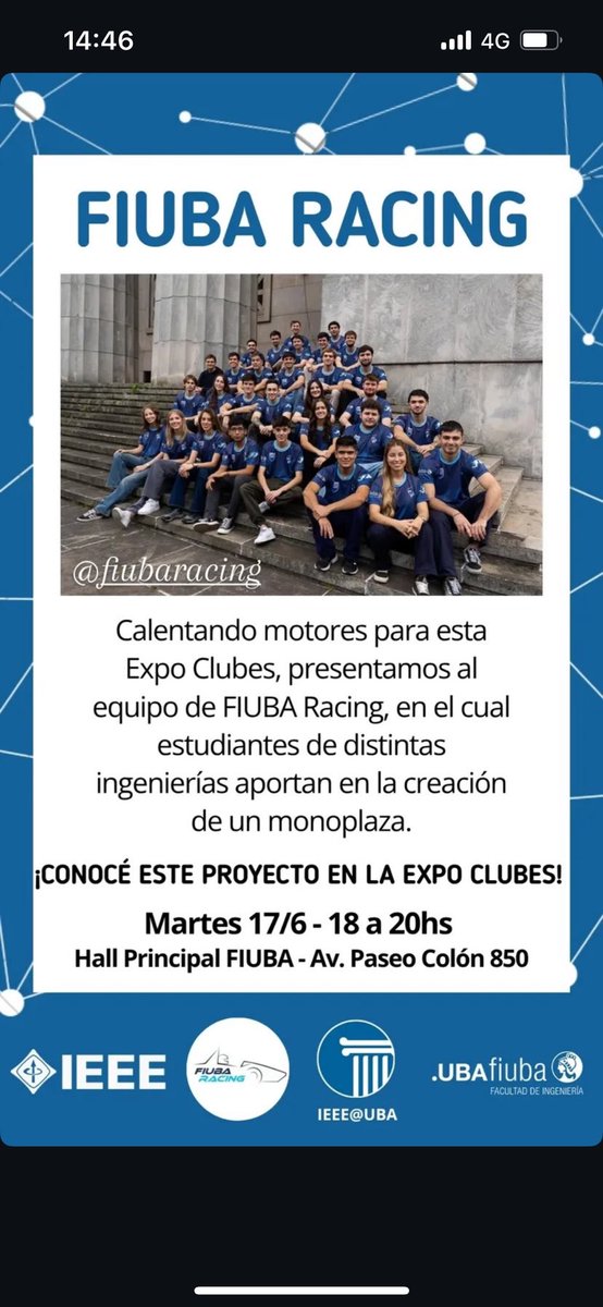 fiubaracing's tweet photo. ESTAMOS DE EXPO! 🏁🔛
Hoy vamos a estar en la Expo Clubes, en la Facultad de Ingeniería de 18 a 20 hrs!
Los esperamos 🤝 https://t.co/UJfCXt5yOa