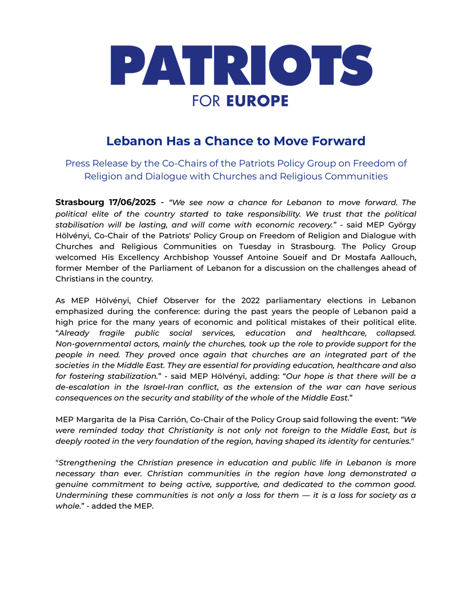 Patriots for Europe (@patriotsep) on Twitter photo 🇱🇧 | <a href="/HolvenyiGyorgy/">György Hölvényi</a>: “Lebanon has a real chance to move forward. Political responsibility, backed by the enduring role of Christian communities, can pave the way for lasting stability and recovery.” #Patriots 🇱🇧 | <a href="/HolvenyiGyorgy/">György Hölvényi</a>: “Lebanon has a real chance to move forward. Political responsibility, backed by the enduring role of Christian communities, can pave the way for lasting stability and recovery.” #Patriots