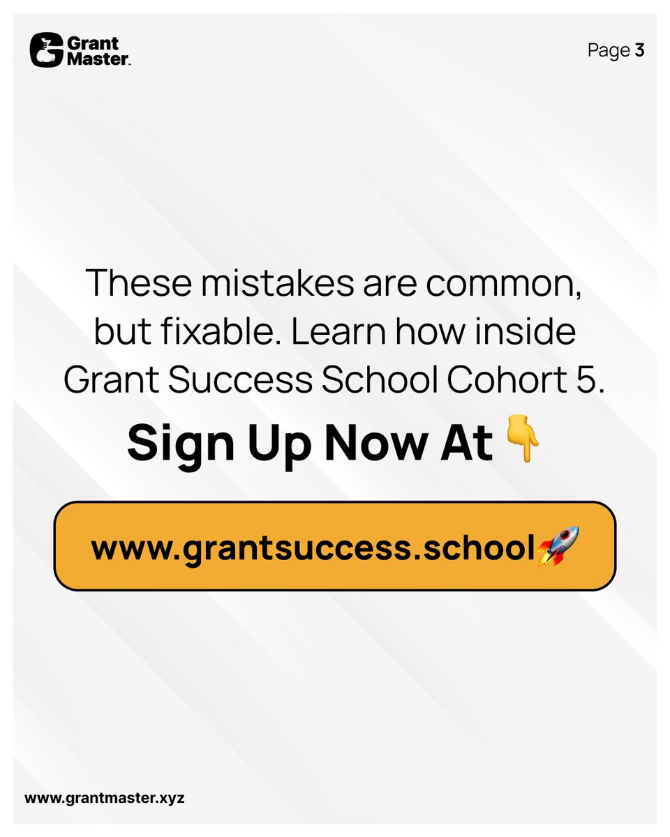 Grantmaster_xyz's tweet image. Join Grant Success School Cohort 5 and upgrade your entire funding approach.
Sign up now at: grantsuccess.school

#GrantWritingTips #MistakesToAvoid #GrantMaster #GrantSuccessSchool #NGOFunding #StartUpAfrica #FundingMistakes