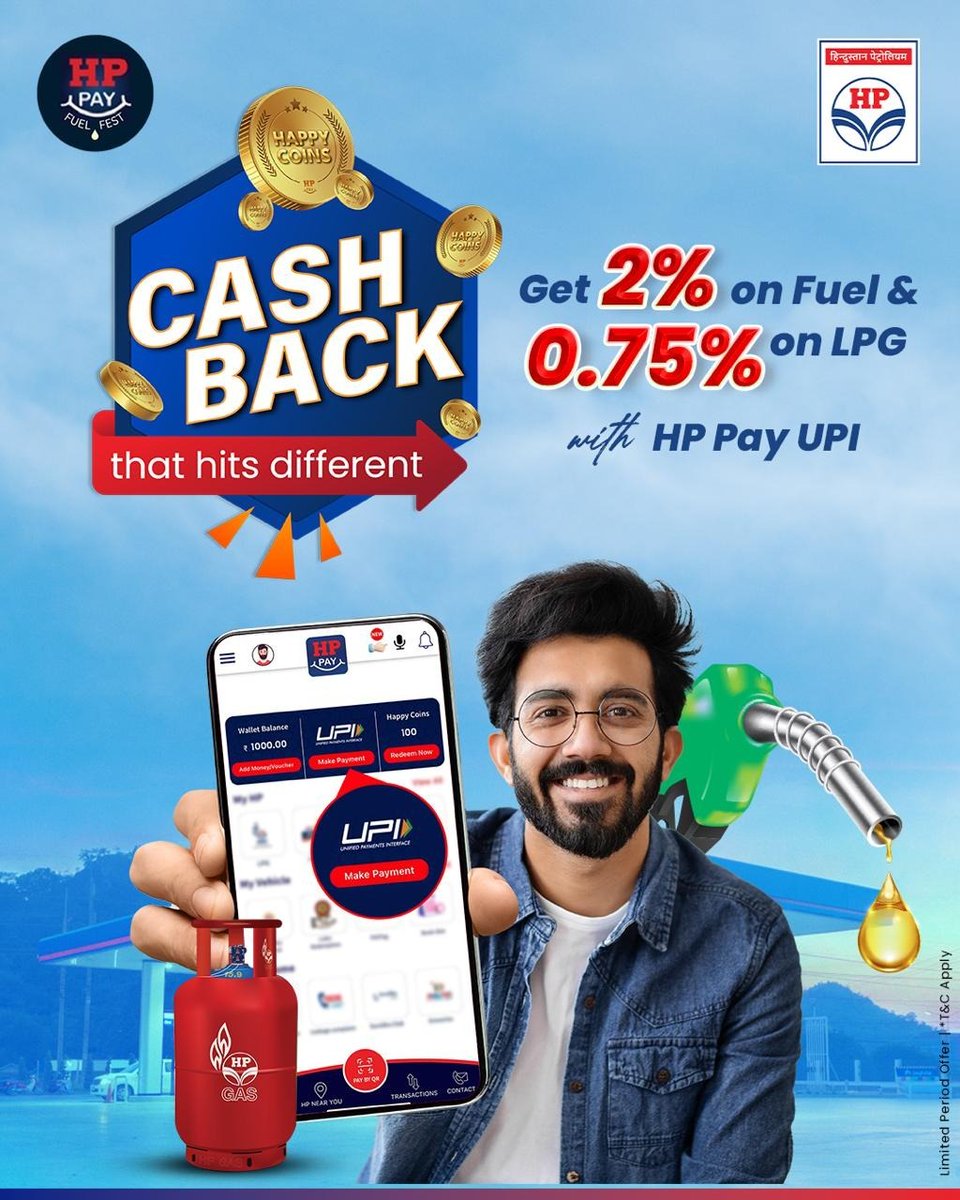 HPCL's tweet image. Cashback so good, you won’t want to miss out!
💸 Get 2% on Fuel and 0.75% on LPG
Only with HP Pay UPI – your refill now comes with rewards! ✨

Download HP Pay: appurl.io/hqsMo3F_y

#HPPay #DeliveringHappiness #HPCL