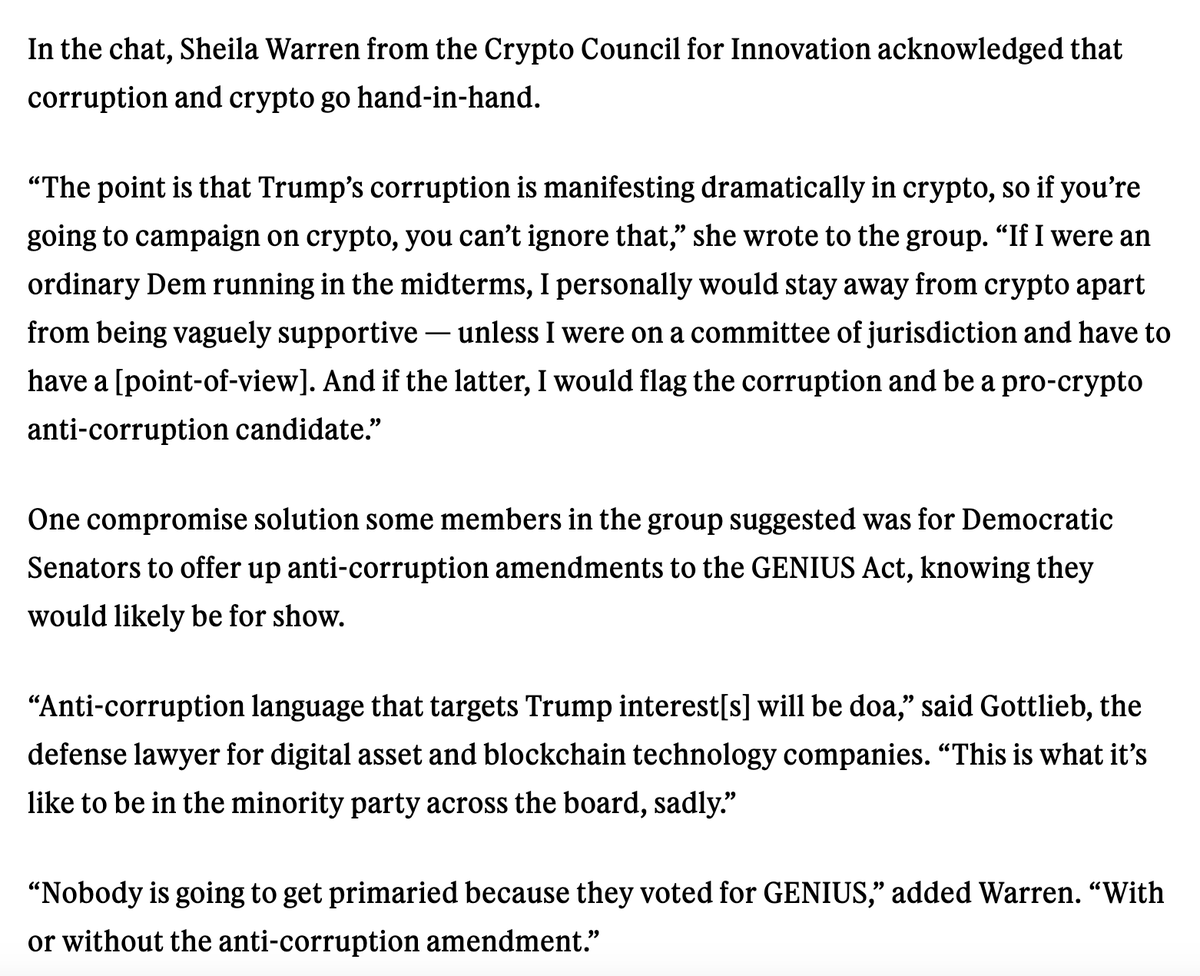 If Dems bail on [GENIUS Act], they will get 0 dollars going forward. It  would be political suicide for them not to support it.
