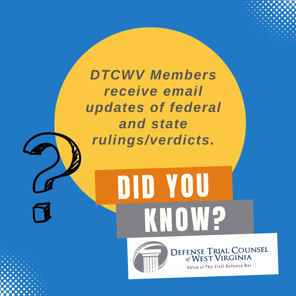 Did you know? As a DTCWV member, we’ll keep you informed on federal/state rulings and verdicts as they happen. Stay ahead of the game with the most recent legal developments sent directly to your inbox! dtcwv.org/members-area/ 

#DTCWV #LegalUpdates