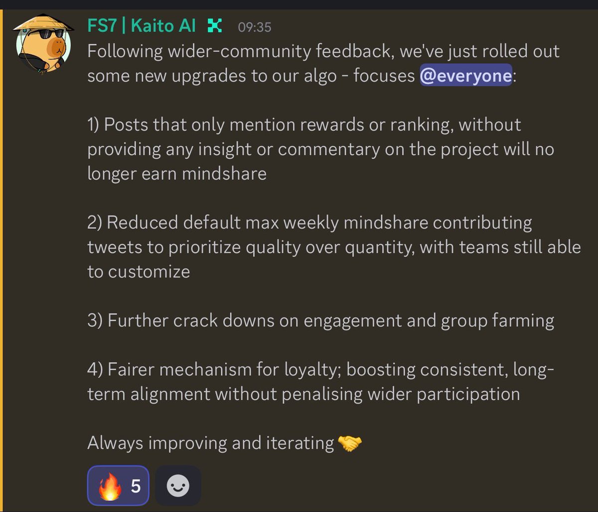 Yesterday, <a href="/KaitoAI/">Kaito AI 🌊</a> dropped some upgrades to its algorithm, and it’s all about making our yap-fest more meaningful.

Here’s the rundown:

1️⃣ 𝗡𝗼 𝗺𝗼𝗿𝗲 𝗿𝗲𝘄𝗮𝗿𝗱-𝗰𝗵𝗮𝘀𝗶𝗻𝗴 𝘀𝗽𝗮𝗺
𝘗𝘰𝘴𝘵𝘴 𝘫𝘶𝘴𝘵 𝘧𝘭𝘦𝘹𝘪𝘯𝘨 𝘳𝘢𝘯𝘬𝘪𝘯𝘨𝘴 𝘰𝘳 𝘳𝘦𝘸𝘢𝘳𝘥𝘴 𝘸𝘪𝘵𝘩𝘰𝘶𝘵