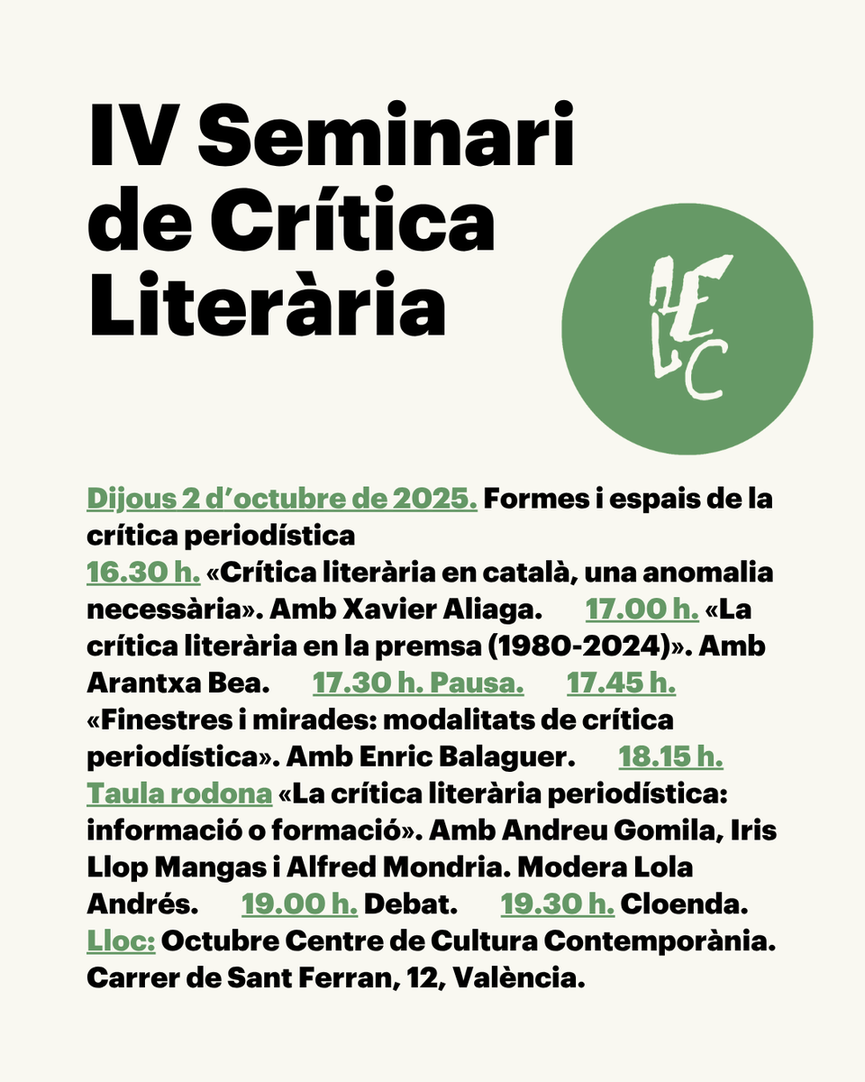 📖 T'avancem el programa del IV Seminari de Crítica Literària, que celebrarem a València el 2 d'octubre.

Enguany, dedicat a les formes i espais de la crítica periodística. Reserva't la data!

Més detalls: escriptors.cat/agenda/seminar…