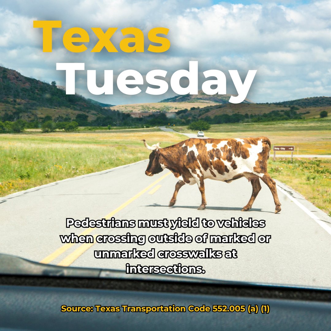 WalkBikeSafeTX's tweet image. Pedestrians must yield to vehicles when crossing a road outside of an intersection or marked crosswalk. #EndTheStreakTX #drivelikeatexan #WalkBikeSafe #TexasTuesdayLaw