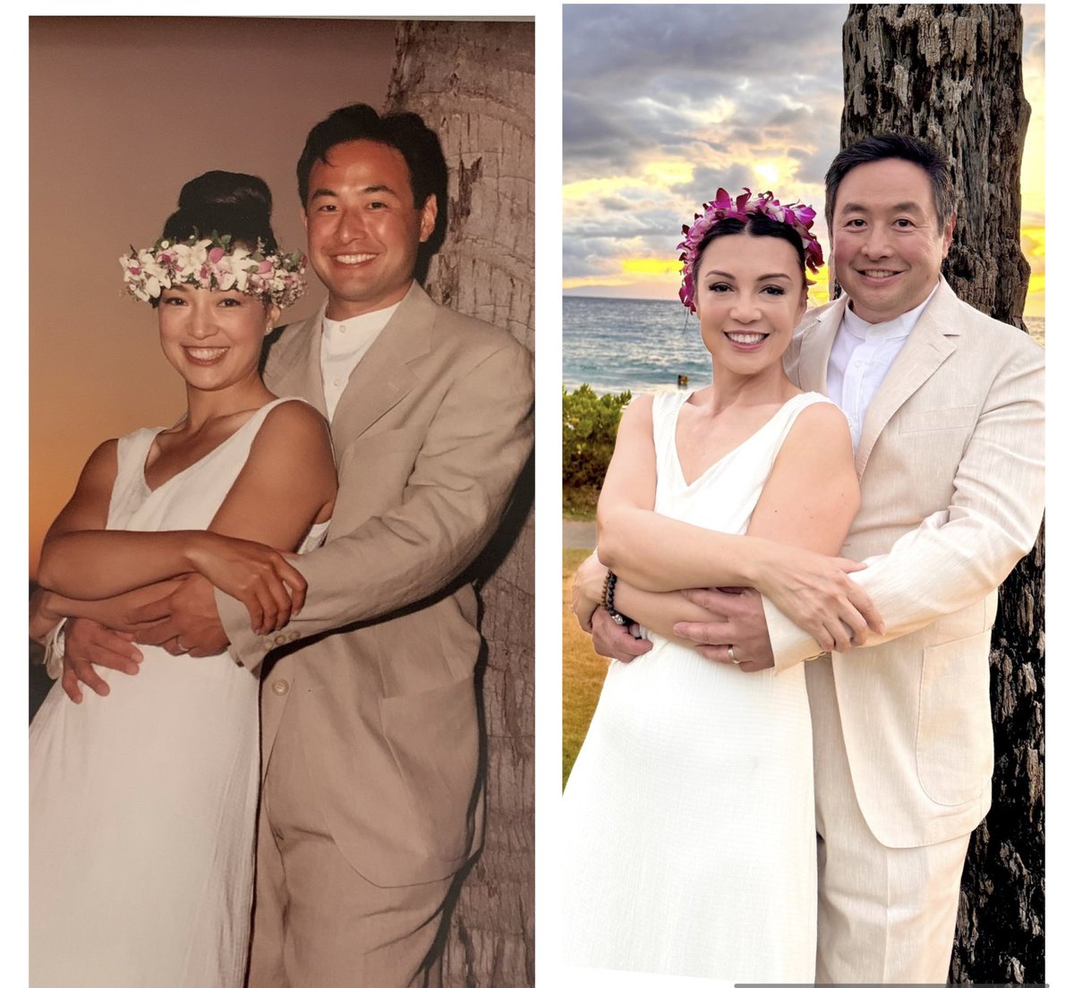MingNa's tweet image. Eloped to Maui 6/16/95.
Let's do 30 MORE, babe!🥂❤️
We recreated our wedding photo on same day, in same location & clothes at sunset to celebrate our anniversary.
Minus the tans! 😂😂🌴💞