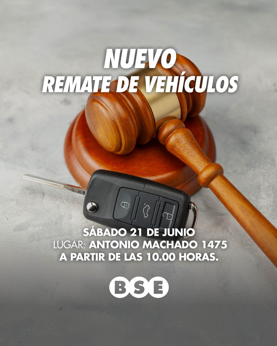 🚗¡Nuevo remate imperdible de vehículos este próximo 21 de junio!
Desde el 16 al 20 de junio inclusive, vas a poder realizar la revisión de los mismos en Luis Batlle Berres 8580 entre las 12:00 y las 16:00 horas.

Consultá bases y condiciones en bse.com.uy/portal-comerci…