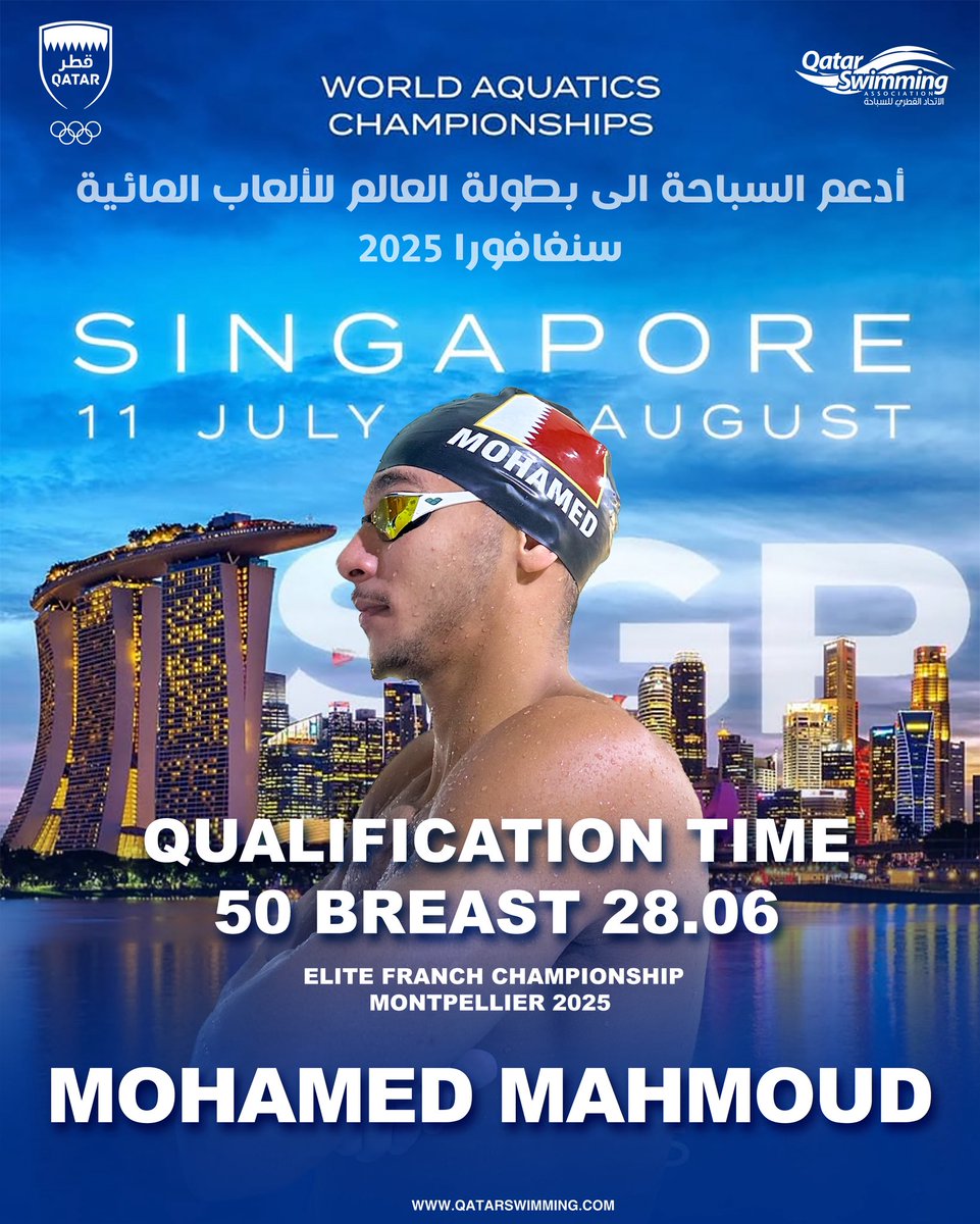 أدعم السباحة يتأهل لبطولة العالم للألعاب المائية في سنغافوره يوليو القادم مع السباح محمد محمود بتحقيق الرقم التأهيلي في سباق ٥٠م صدر بزمن وقدره 28.06 وذلك خلال مشاركته في بطولة 
 Elite French championship in Montpellier 2025  ألف مبروك لقطر تأهل ثاني سباح قطري لبطولة العالم