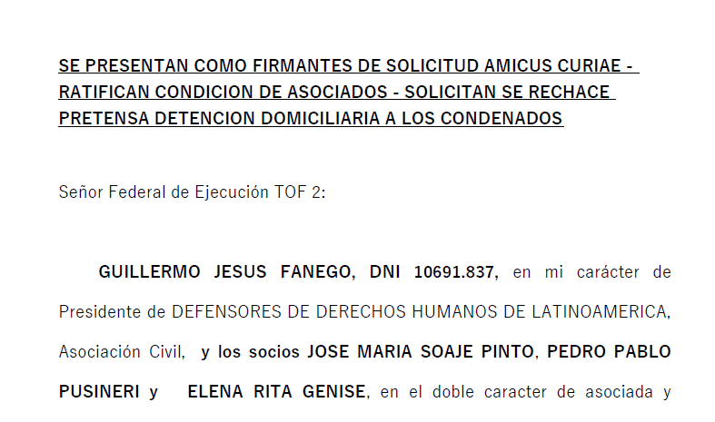 Abogados que defienden a represores se presentaron ante el TOF 2 para pedir que rechace la domiciliaria de Cristina Fernández de Kirchner.

Sus defendidos están en la mayoría en sus casas. Según las estadísticas de la Proculesa son el 81 por ciento.