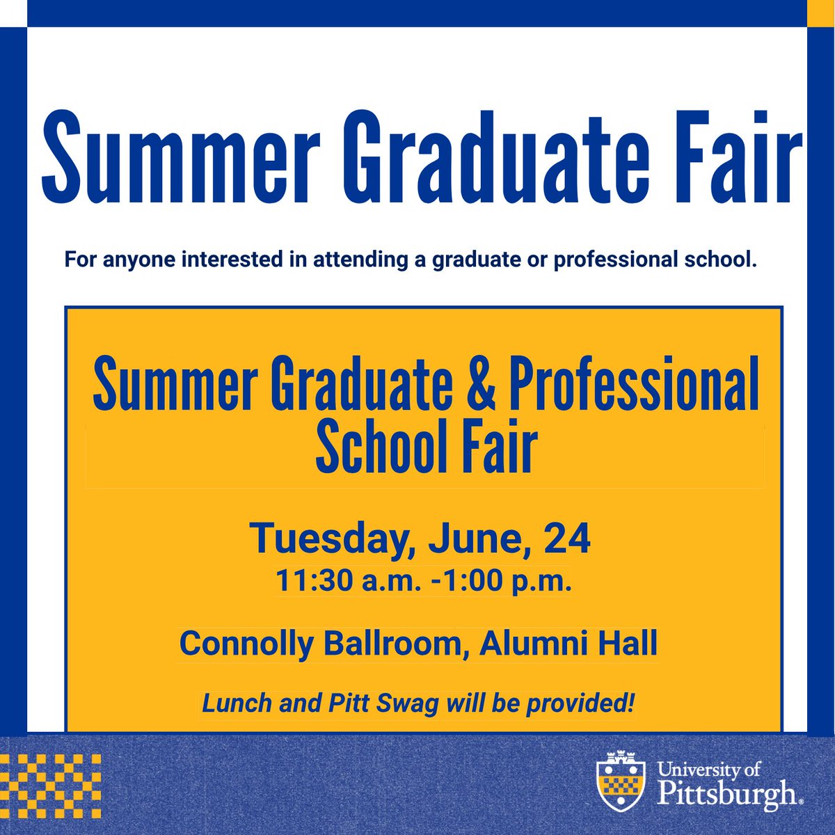 Interested in graduate or professional school? Join us for the Summer Graduate Fair on June 24 at 11 a.m. in Alumni Hall. 

Register to attend: ow.ly/VsAe50WaOFS