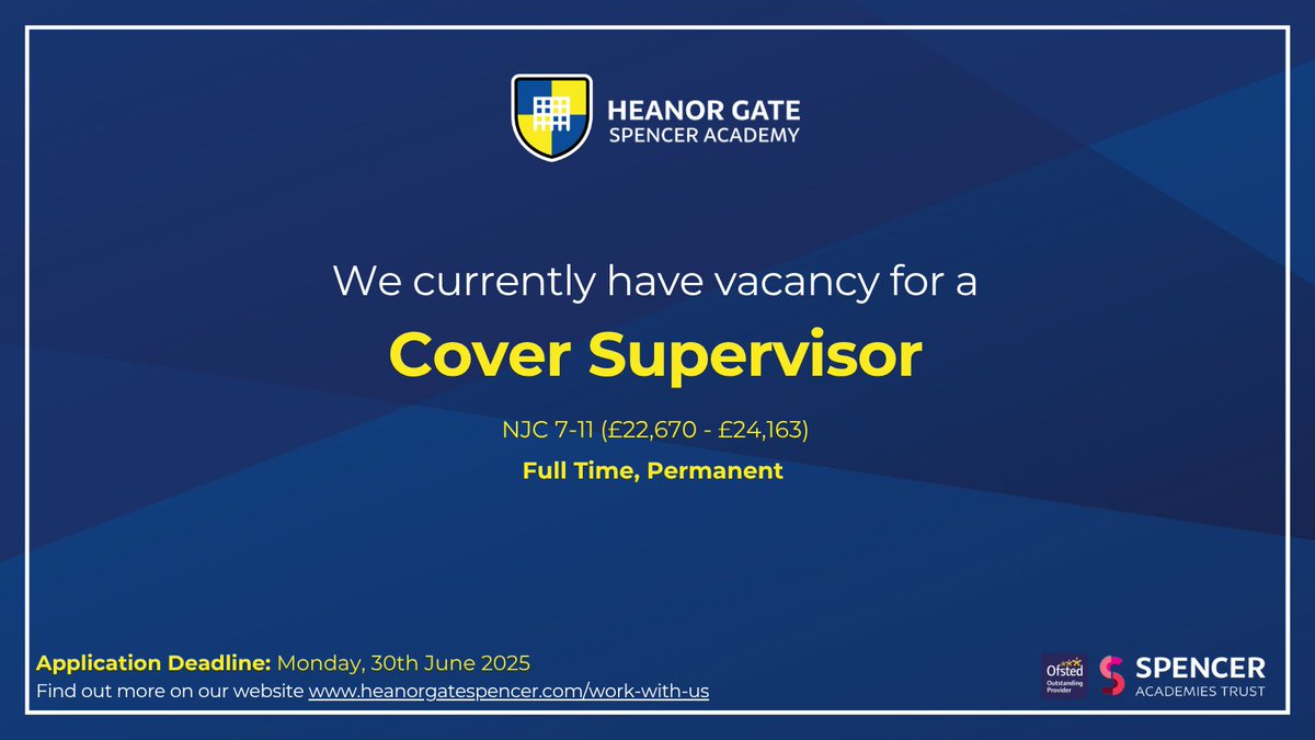 We are looking for someone with confidence, enthusiasm and a passion for supporting young people to join our Cover Supervisor team. This varied role offers plenty of opportunities to make a real difference both in and out of the classroom.

heanorgatespencer.org.uk/work-with-us/ #TeamHeanor