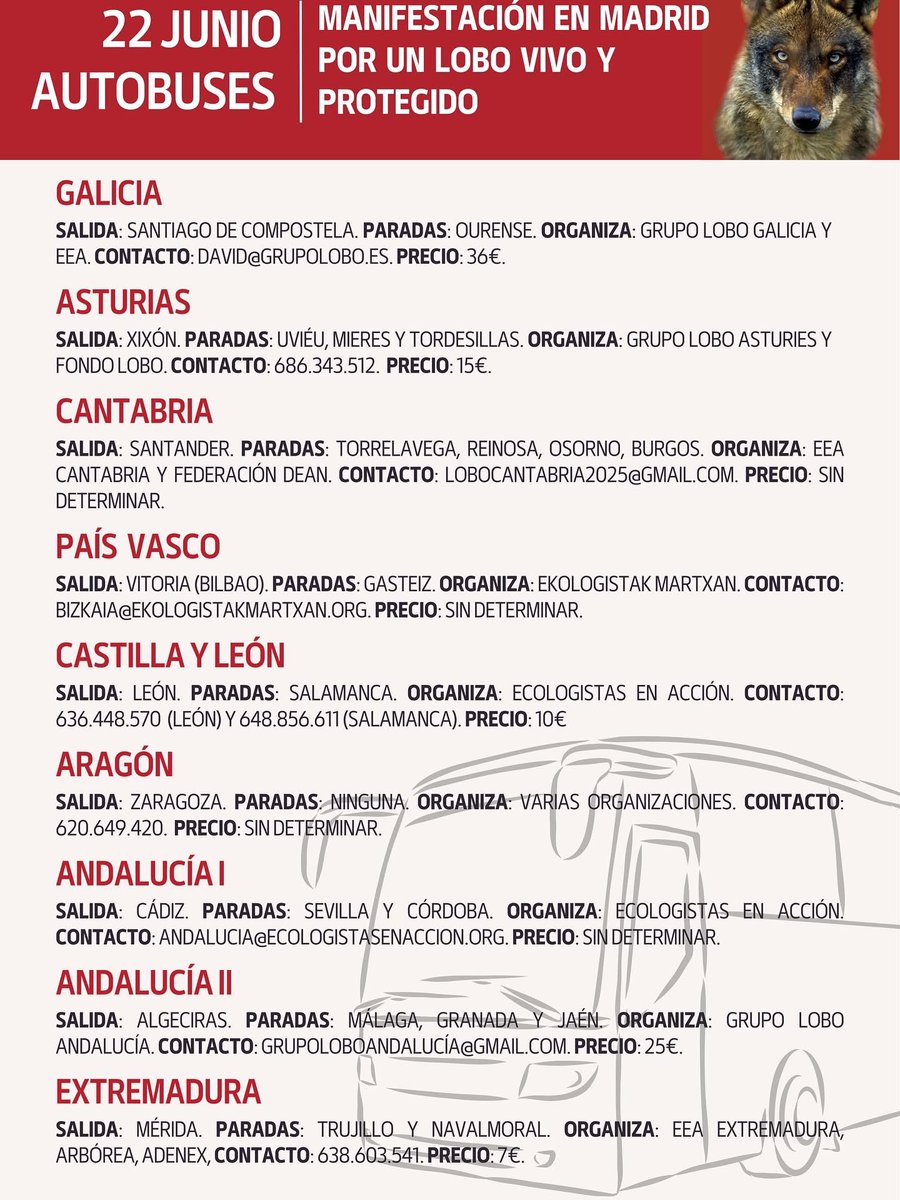 🐺💥 ¡EL LOBO NOS NECESITA! 💥🐺

📣 El próximo 22 de junio salimos a las calles de Madrid para exigir un lobo vivo y protegido. ¡Únete a la manifestación!

🚌 Desde muchos rincones del Estado saldrán autobuses para facilitar la asistencia

✊ ¡Nos vemos en Madrid! 
#lobovivo